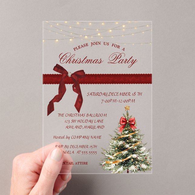Holiday Pine Tree Bow Corporate Christmas Party  Acrylic Invitations (Insitu (Handheld))