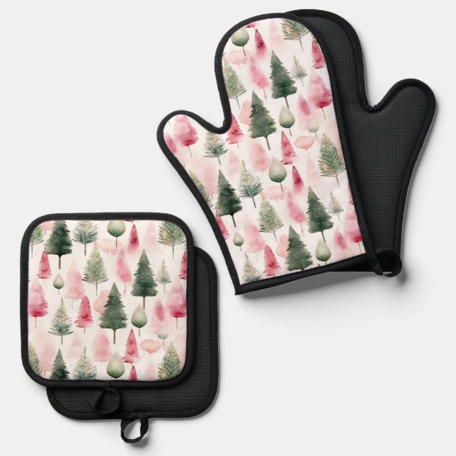 Holiday Pine Trees In Pink And Green Kitchen Oven Mitt & Pot Holder Set (Front/Back)