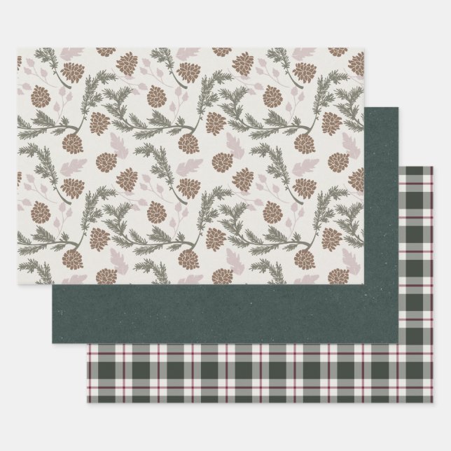 Holiday Pinecone Evergreen Emerald Plaid Christmas Wrapping Paper Sheets (Set)