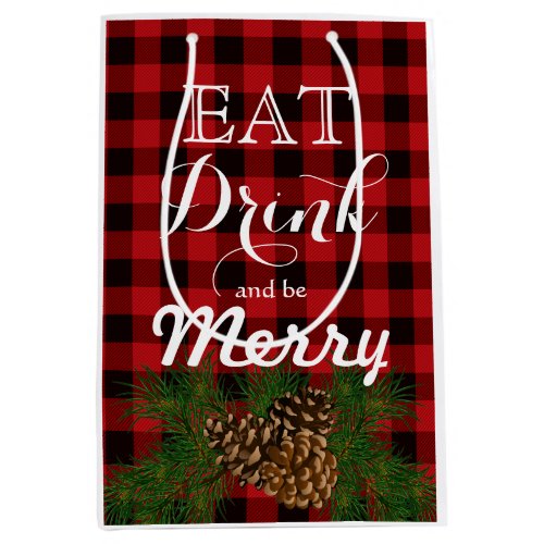 Holiday pinecone red plaid medium gift bag