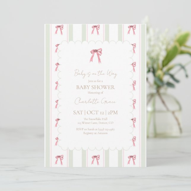 Holiday Pink Bow Baby Shower Invitation (Standing Front)