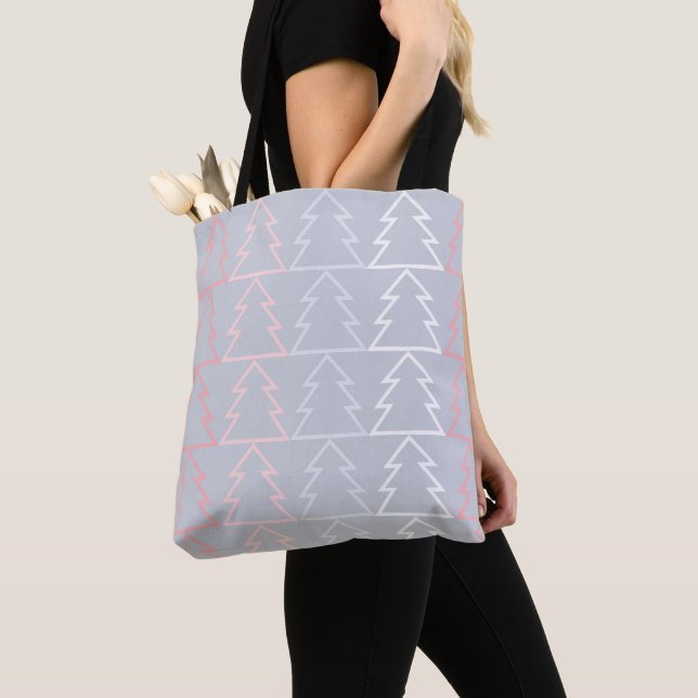 Holiday Pink Gray Christmas Trees Modern Tote Bag (Close Up)