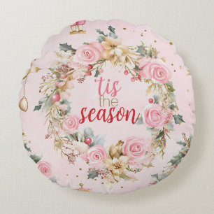 Holiday Pink Merry Christmas Beaux Wreath Custom Round Pillow