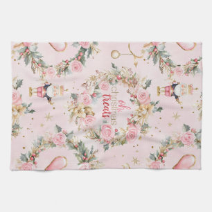 Holiday Pink Merry Nutcracker Beaux Custom Wreath Kitchen Towel