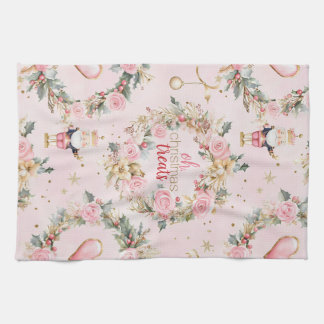 Holiday Pink Merry Nutcracker Beaux Custom Wreath Kitchen Towel
