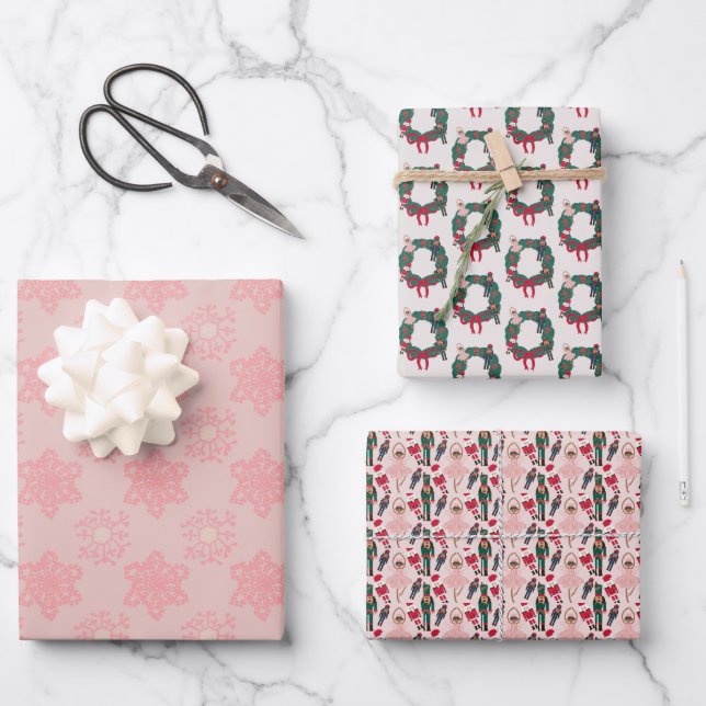 Holiday Pink Nutcracker Snowflake Wrapping Paper Sheets (Front)