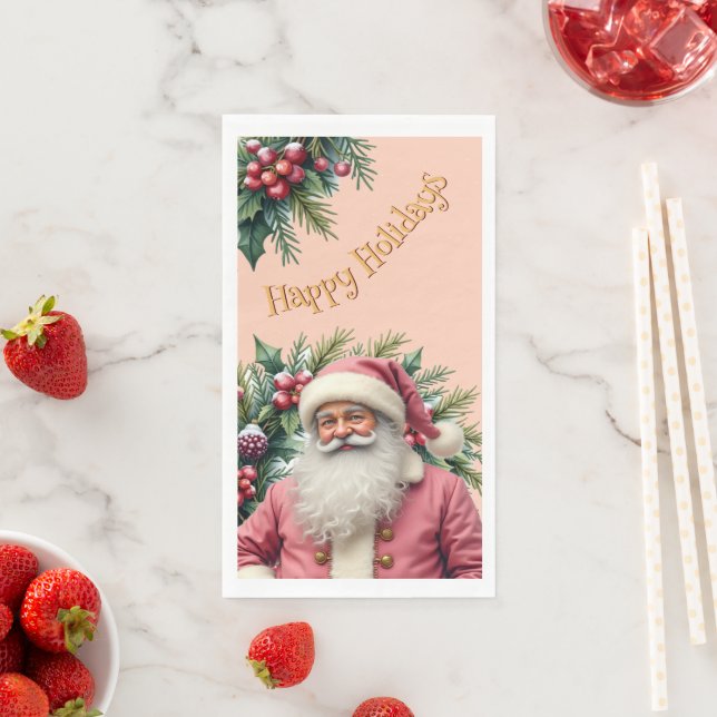 Holiday Pink Santa Claus Paper Guest Towels (Insitu)