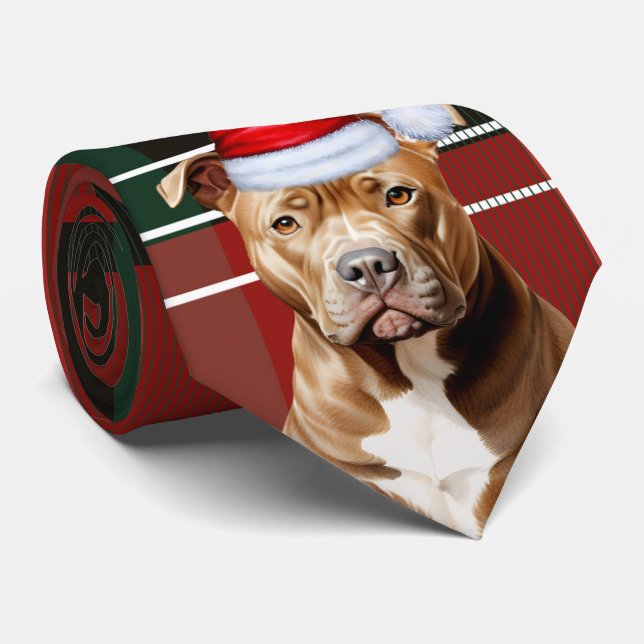 Holiday Pit Bull Terrier Red Green Plaid Christmas Neck Tie (Rolled)