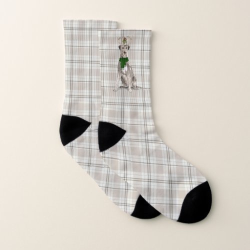 Holiday Plaid and Irish Wolfhound Christmas Socks