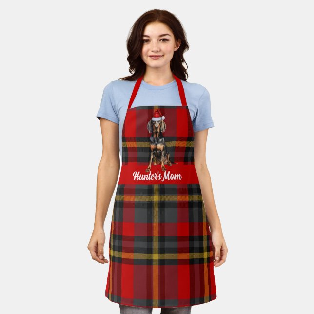 Holiday Plaid Black Tan Coonhound Dog Christmas Apron (Worn)