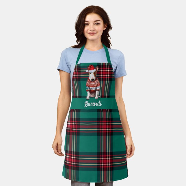 Holiday Plaid Bull Terrier Santa Dog Christmas Apron (Worn)