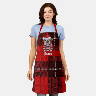 Holiday Plaid Bulldog Santa Dog Christmas Apron