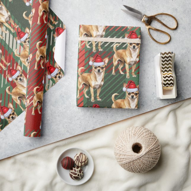 Holiday Plaid Chihuahua Santa Dog Christmas Wrapping Paper (Crafts)