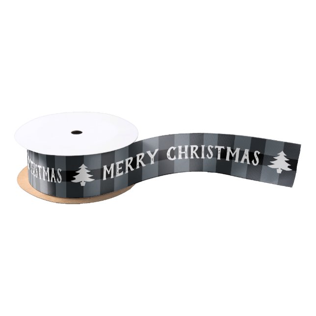 Holiday Plaid Christmas Tree Gray Satin Ribbon (Spool)