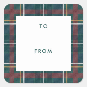 Holiday plaid dark green to and from gift square sticker