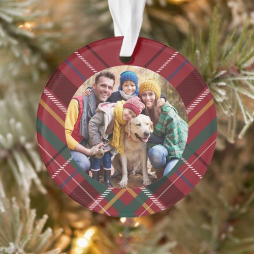 Holiday plaid frame family photo red Christmas Ornament