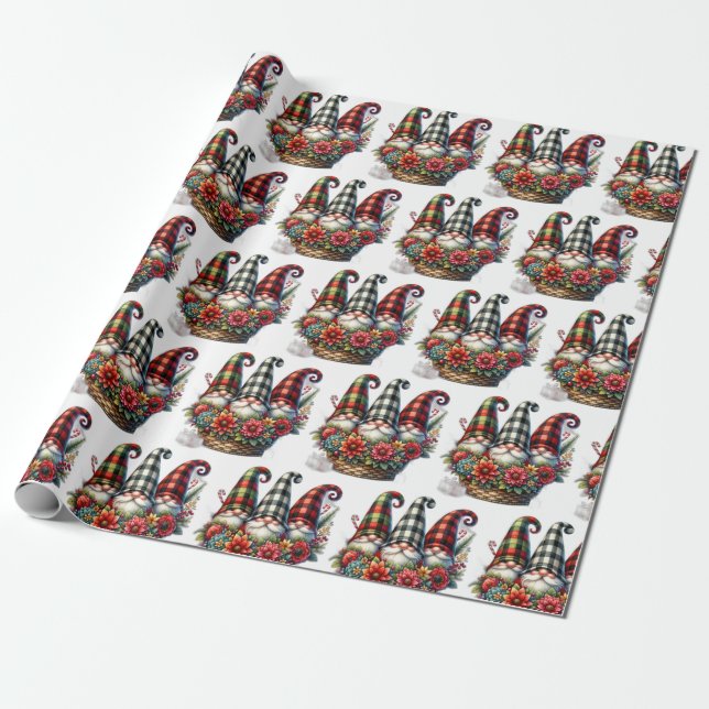 Holiday Plaid Gnome Designs Wrapping Paper (Unrolled)