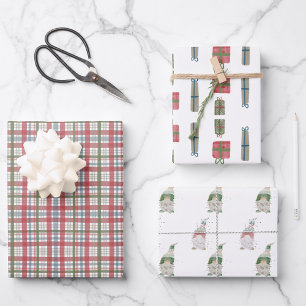 Holiday Plaid & Gnome Wrapping Paper 3 sheet set
