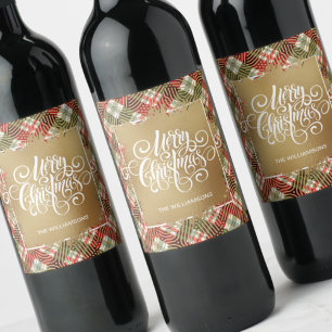 Holiday Plaid Merry Christmas on Gold Wine Label