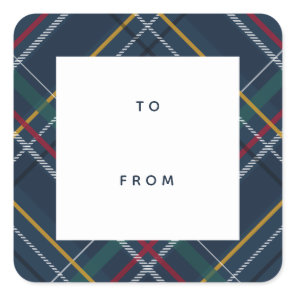 Holiday plaid navy blue to and from gift square sticker