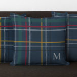 Holiday plaid navy Christmas monogram colorful Throw Pillow<br><div class="desc">A festive navy plaid with checks of red, green, yellow and white makes this pillow a perfect holiday decor item. Add a personalized touch with a classic type initial. This Christmas pillow makes a great gift - to yourself or others! Great for newlyweds, hostesses, family and more. Also coordinates with...</div>