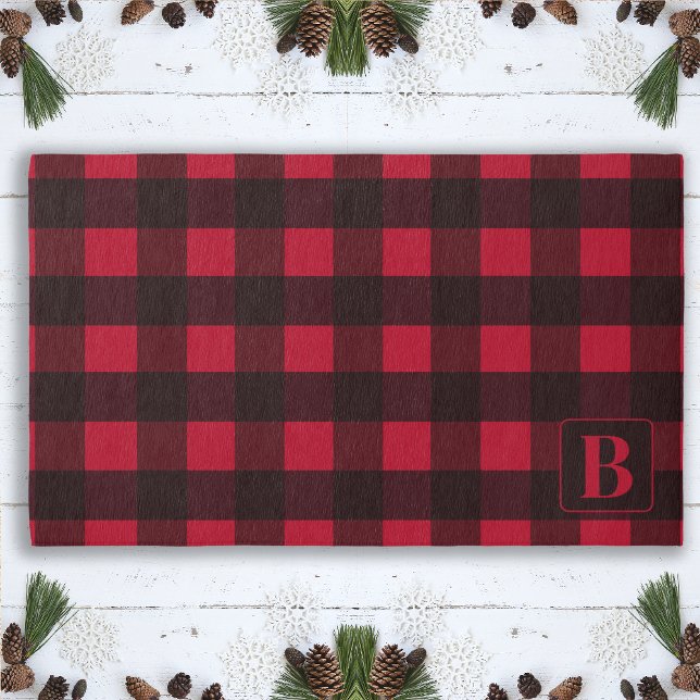 Holiday Plaid Personalized Monogram Red Black  Outdoor Rug (Creator Uploaded)
