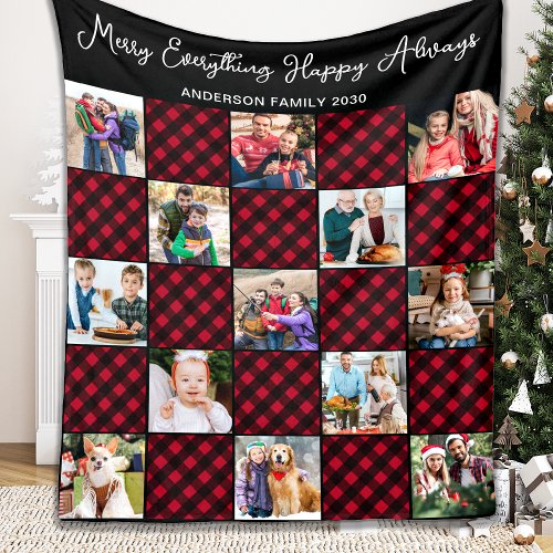 Holiday Plaid Personalized Unique 13 Photo Collage Fleece Blanket