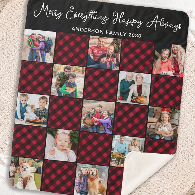Holiday Plaid Personalized Unique 13 Photo Collage Sherpa Blanket (Creator Uploaded)