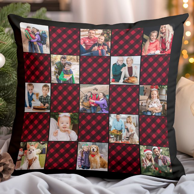 Holiday Plaid Personalized Unique 13 Photo Collage Throw Pillow (Creator Uploaded)