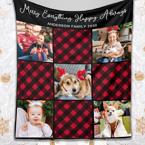 Holiday Plaid Personalized Unique 5 Photo Collage  Fleece Blanket