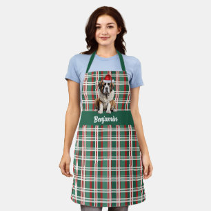 Holiday Plaid Saint Bernard Santa Dog Christmas Apron
