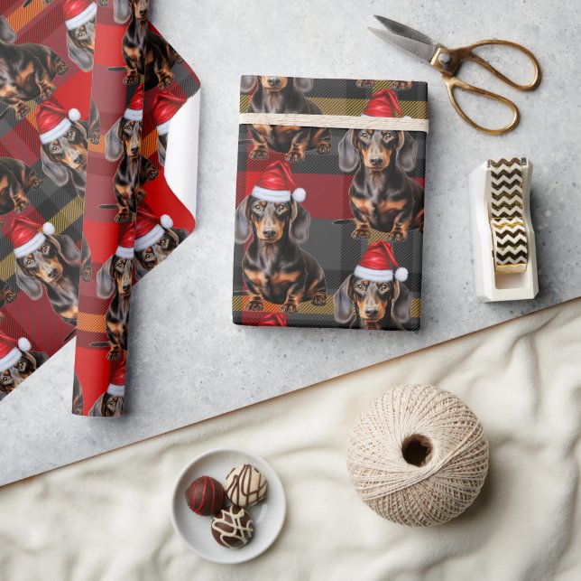 Holiday Plaid Smooth Dachshund Santa Dog Christmas Wrapping Paper (Crafts)