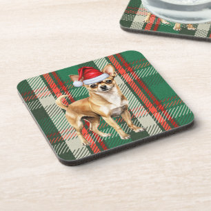 Holiday Plaid Tan Chihuahua Santa Dog Beverage Coaster