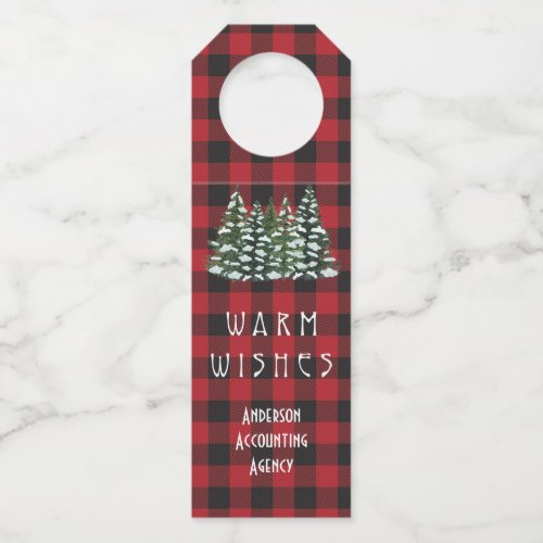 Holiday Plaid Watercolor Trees Customer Business Bottle Hanger Tag