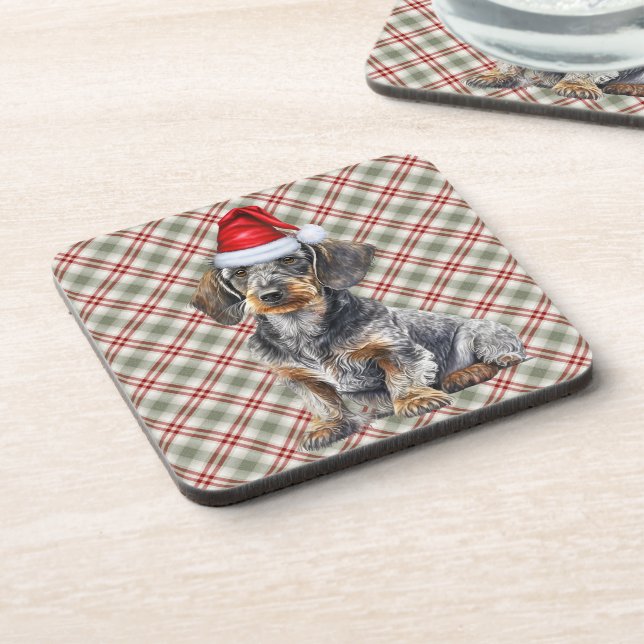 Holiday Plaid Wire Hair Dachshund Santa Dog Beverage Coaster (Left Side)