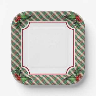 Holiday Plaid with Holly Paper Plates
