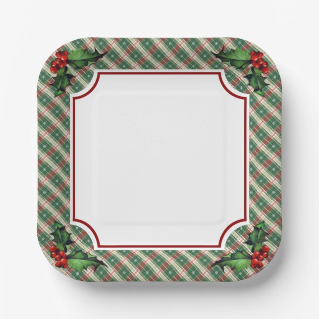 Holiday Plaid with Holly Paper Plates (Front)
