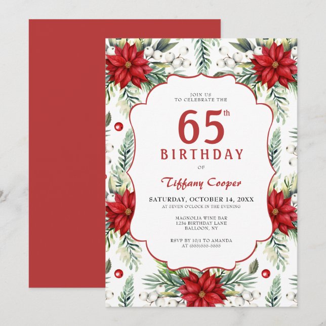 Holiday Poinsettia 65th Birthday Invitation (Front/Back)