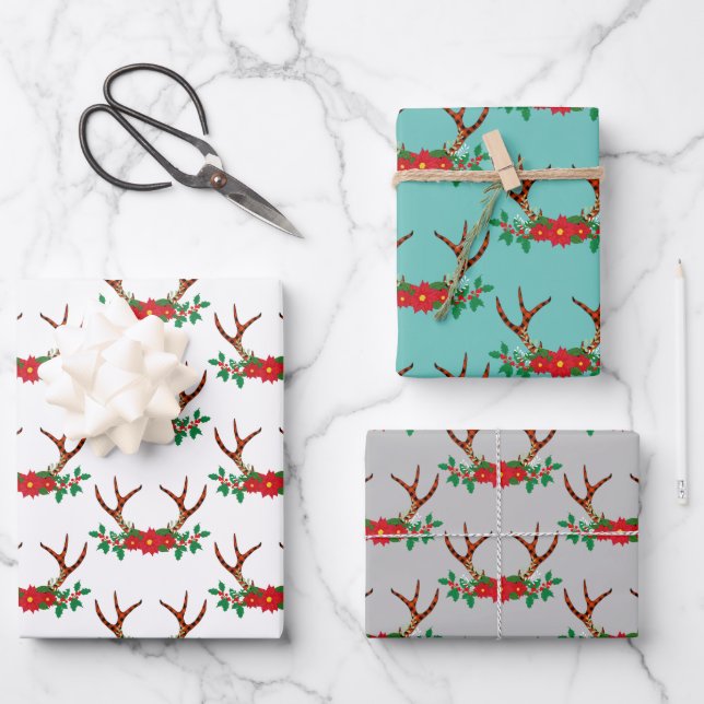 Holiday Poinsettia and Antlers Wrapping Paper Sheets (Front)