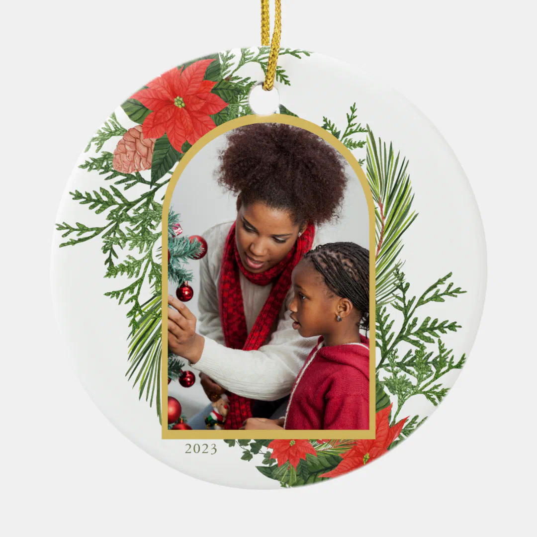 Holiday Poinsettia and Greenery Photo Ceramic Ornament (Front)