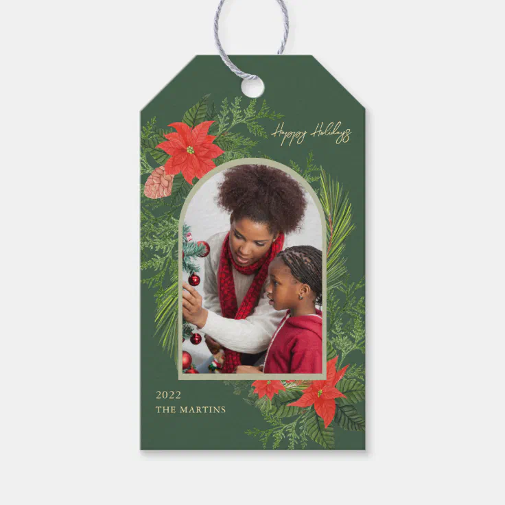 Holiday Poinsettia and Greenery Photo Christmas Gift Tags