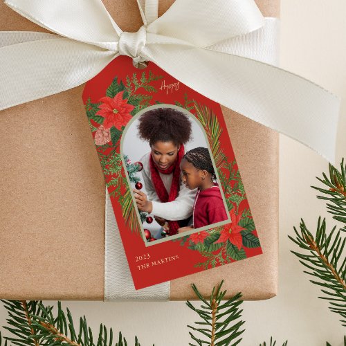 Holiday Poinsettia and Greenery Photo Christmas Gift Tags