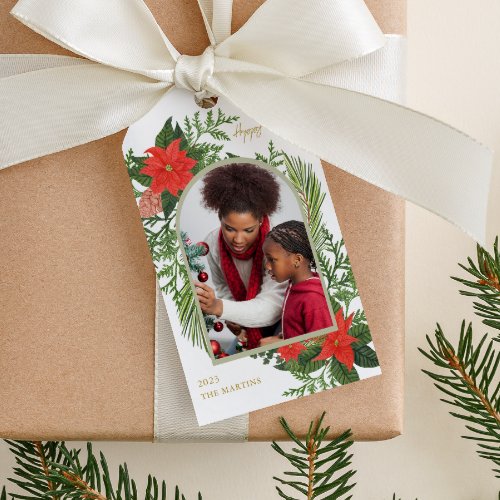 Holiday Poinsettia and Greenery Photo Christmas Gift Tags