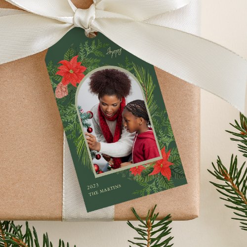 Holiday Poinsettia and Greenery Photo Christmas Gift Tags