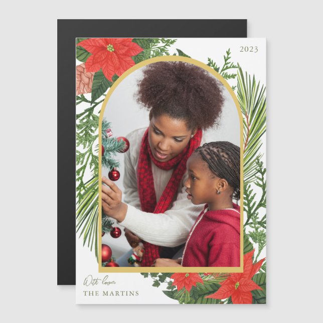 Holiday Poinsettia and Greenery Photo Magnet (Front/Back)