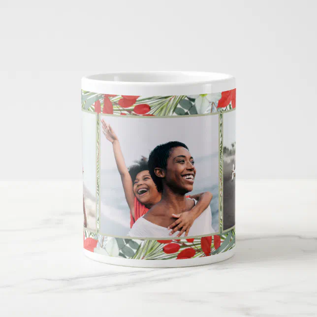 Holiday Poinsettia and Greenery Three Photo Giant Coffee Mug (Front)