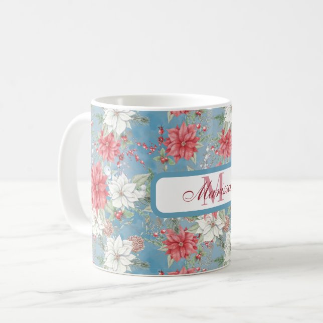 Holiday Poinsettia Floral Mug on Blue Personalized (Front Left)