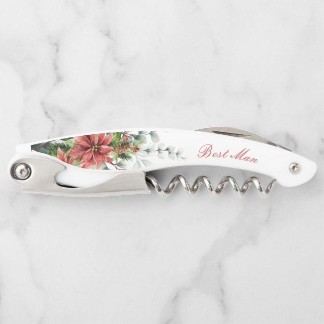 Holiday Poinsettia Personalized Wedding Gift Waiter's Corkscrew (Front)