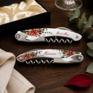 Holiday Poinsettia Personalized Wedding Gift Waiter's Corkscrew