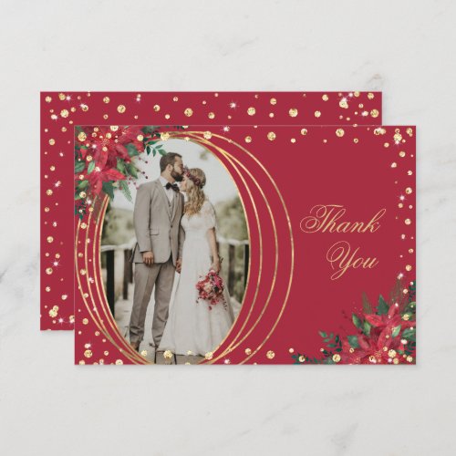 Holiday Poinsettia Photo Wedding Thank You Card